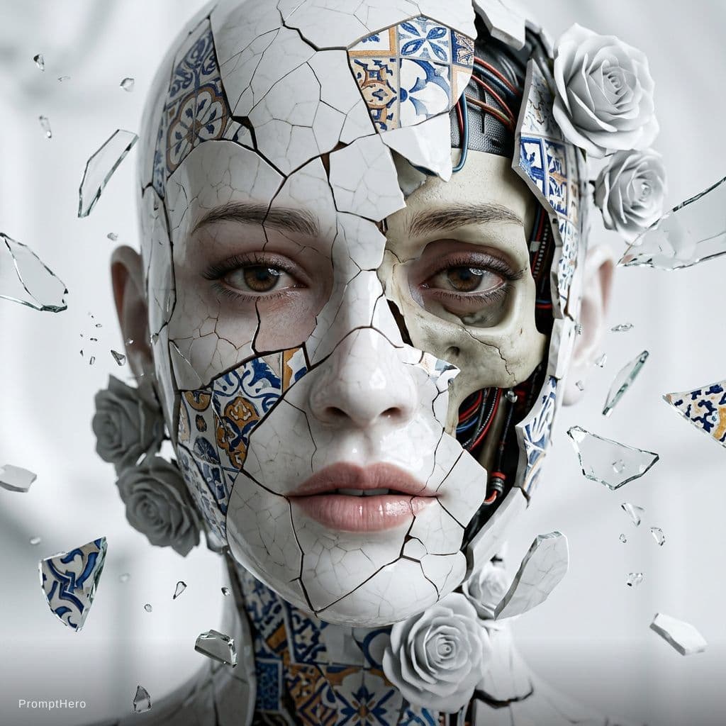 AI generated: Death of a beautiful humanoid female,  close up of a broken android, digital art, cracked porcelain ...