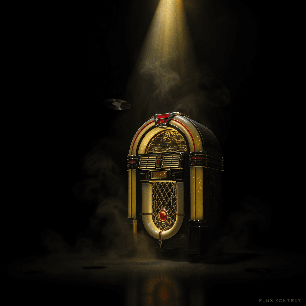 AI generated: A dark cinematic studio lit by a single beam of golden light falling on a mysterious jukebox (“rocko...