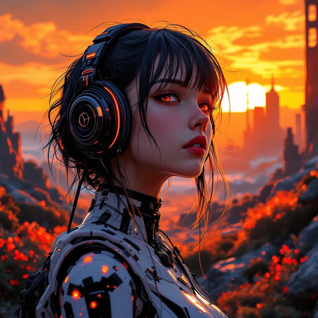 AI generated: 
Real girl wearing headphones in cyborg style, cyberpunk landscape with orange and black colour sche...