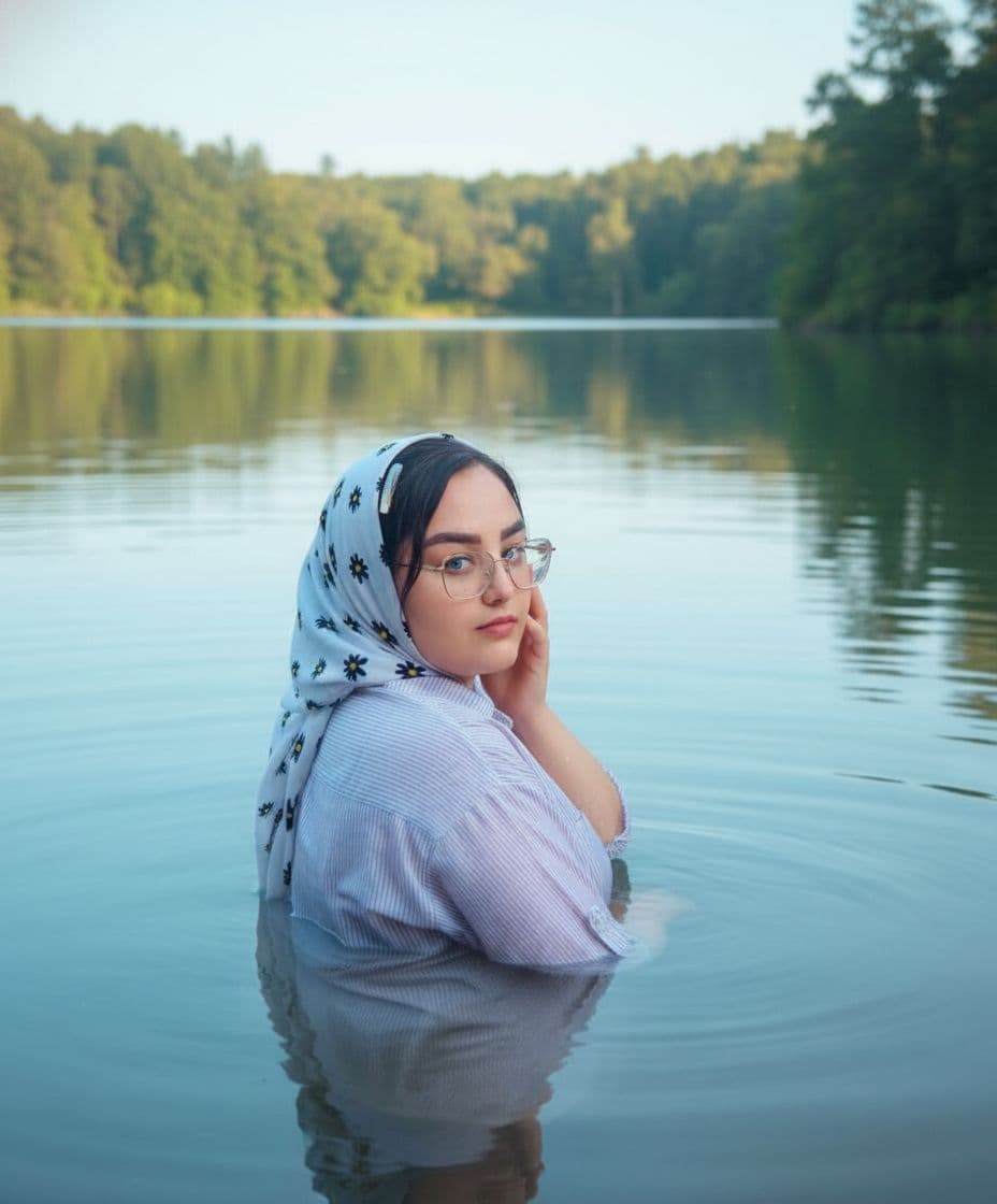 AI generated: The uploaded woman stands in a serene lake, her back to the viewer, looking over her shoulder with l...