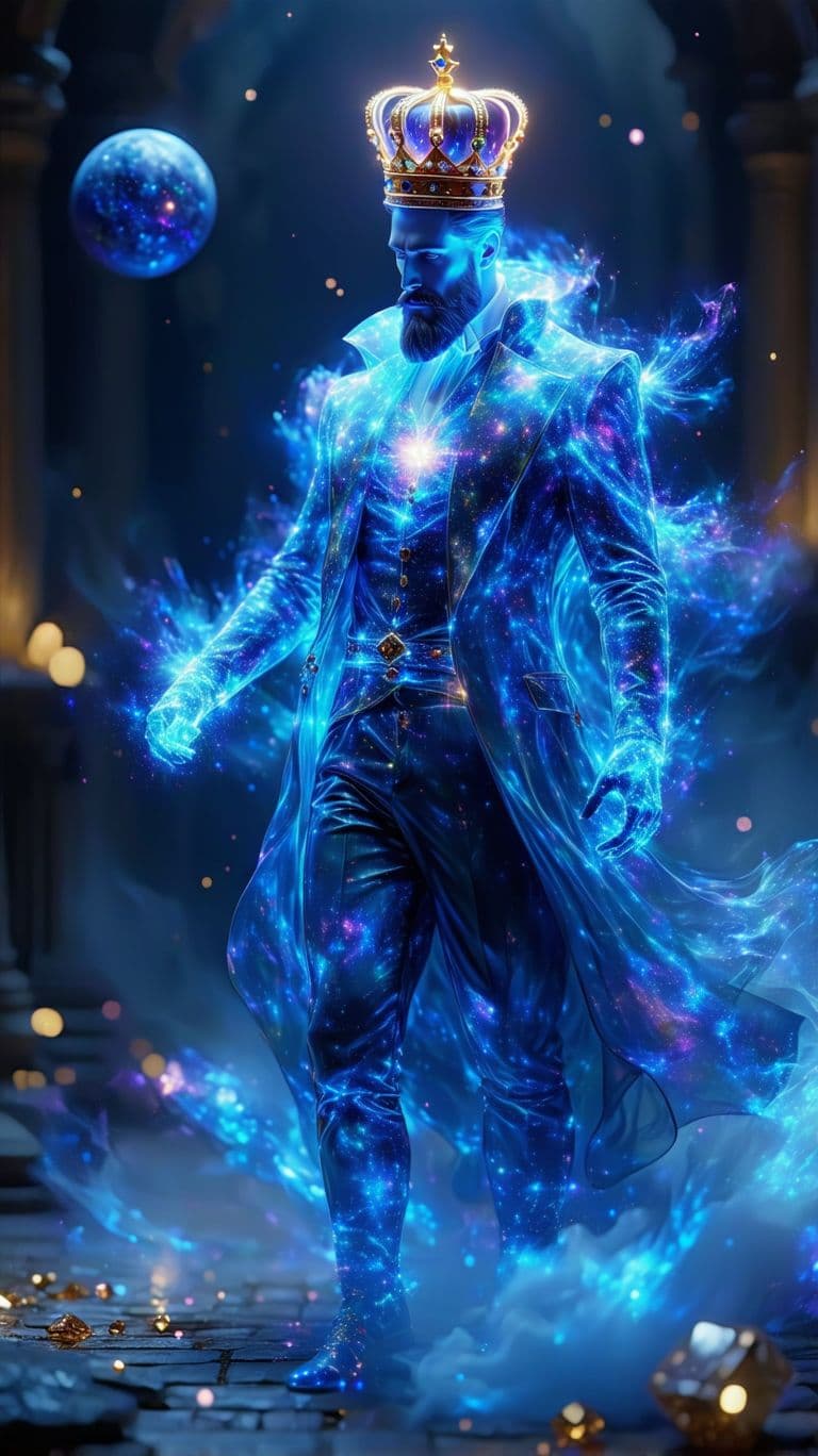 AI generated: The King of Hearts card transforms into a 3D hologram that appears to be made of cosmic energy. As t...