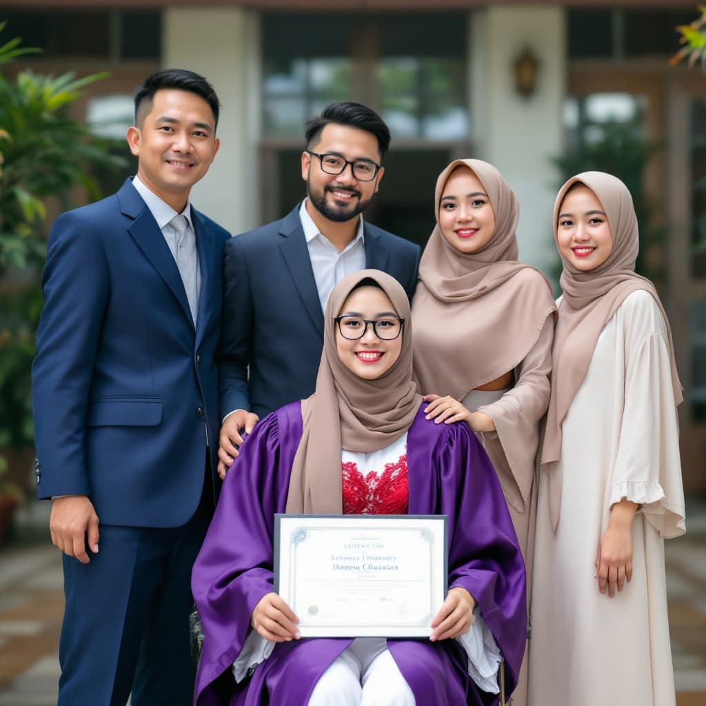 AI generated: A family of seven poses for a photo in a Lampung University, Sulawesi, Indonesia. The family include...