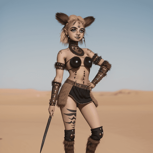 AI generated: full body of a cute warrior princess in a desert, with black face paint, blonde hair, brown big eyes...