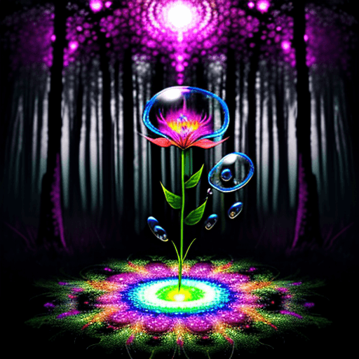 AI generated: psychedelic flower with lightful bubble bloom, standing in forest clearing, digital art