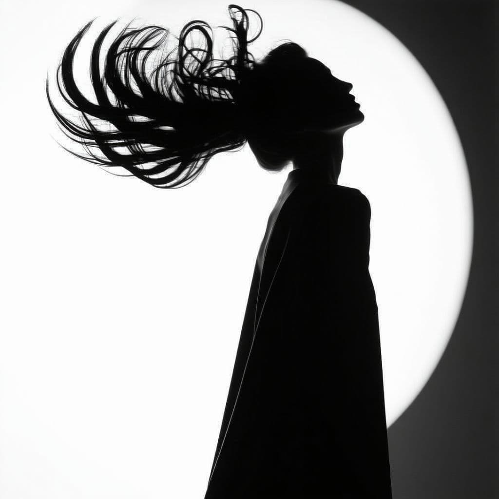 AI generated: black and white photography, fashion editorial, a silhouette of woman with abstract hair in black an...