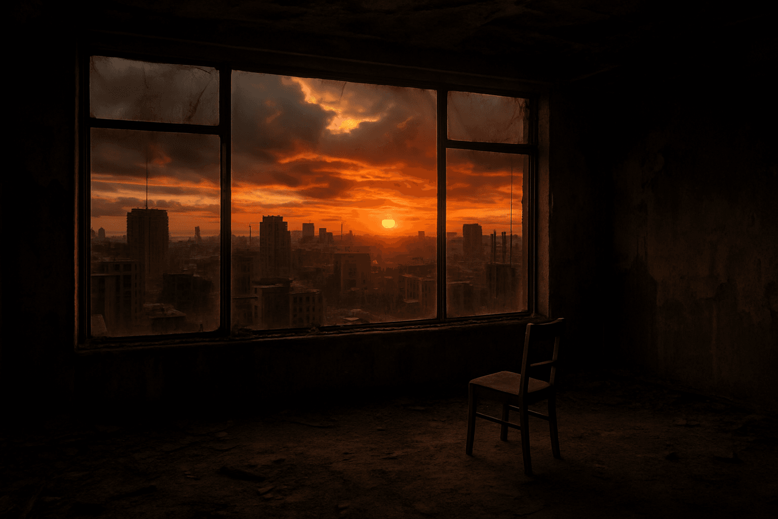 AI generated: A wide-angle, cinematic shot captures the interior of a dilapidated room on a high floor of a dereli...