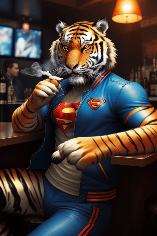 AI generated: A tiger is smoking in a bar, hyperrealistic futuristic tiger wearing superman jacket, , 8k, artstati...