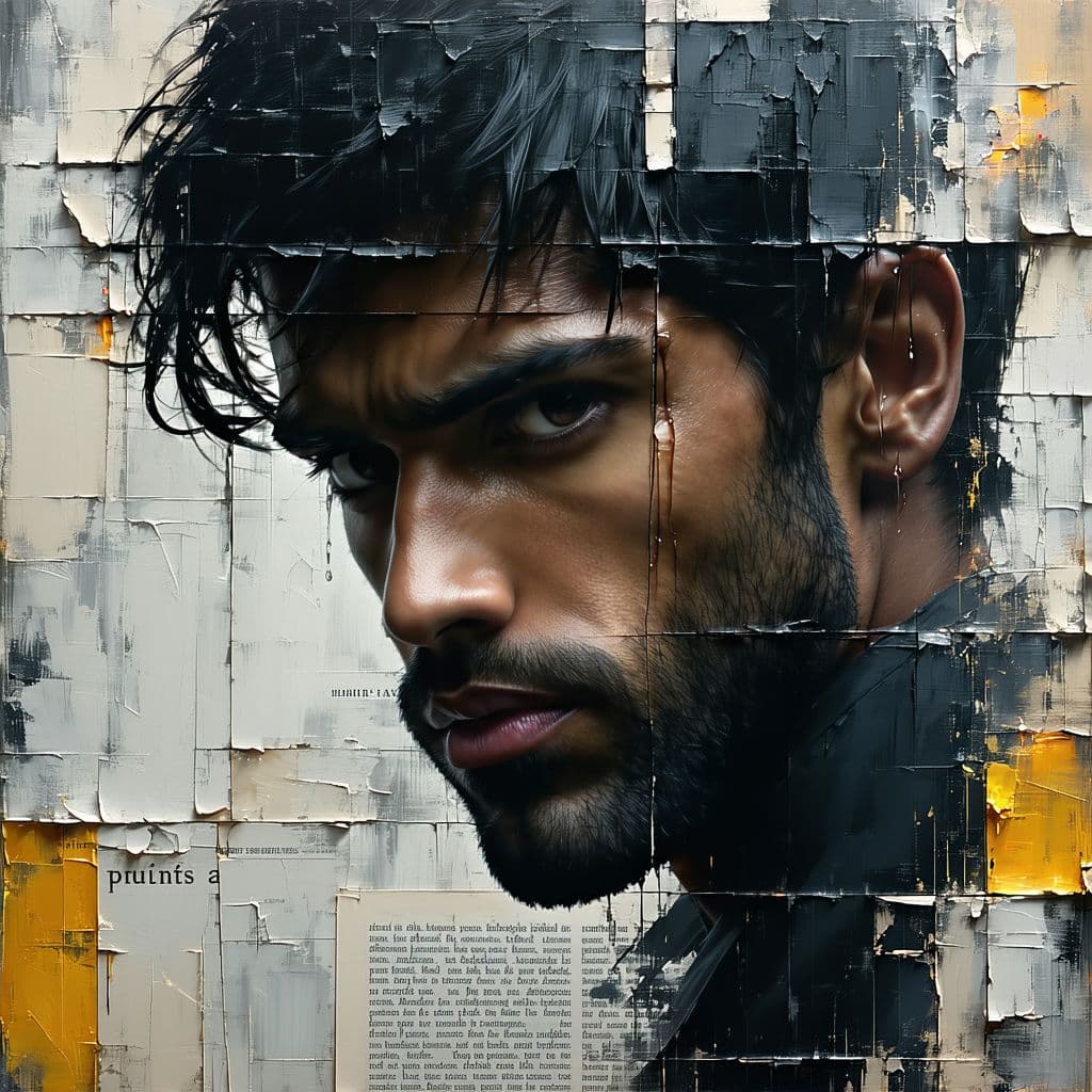 AI generated: Distressed, torn poster art of a brooding dark-skinned male figure with a soulful gaze, dark hair, a...