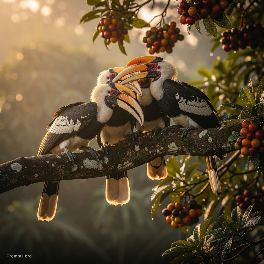 AI generated: hornbills perching early in the morning near fruit trees, groomed and tended to each other in an alm...