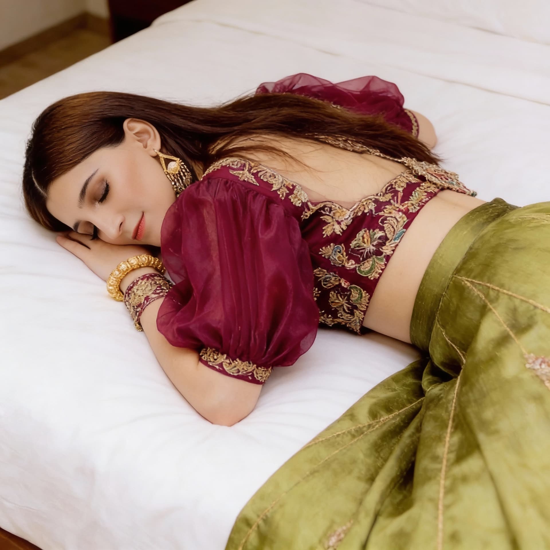 AI generated: Now regenerate the similar picture as this girl is sleeping lying face down on bed in lehenga 