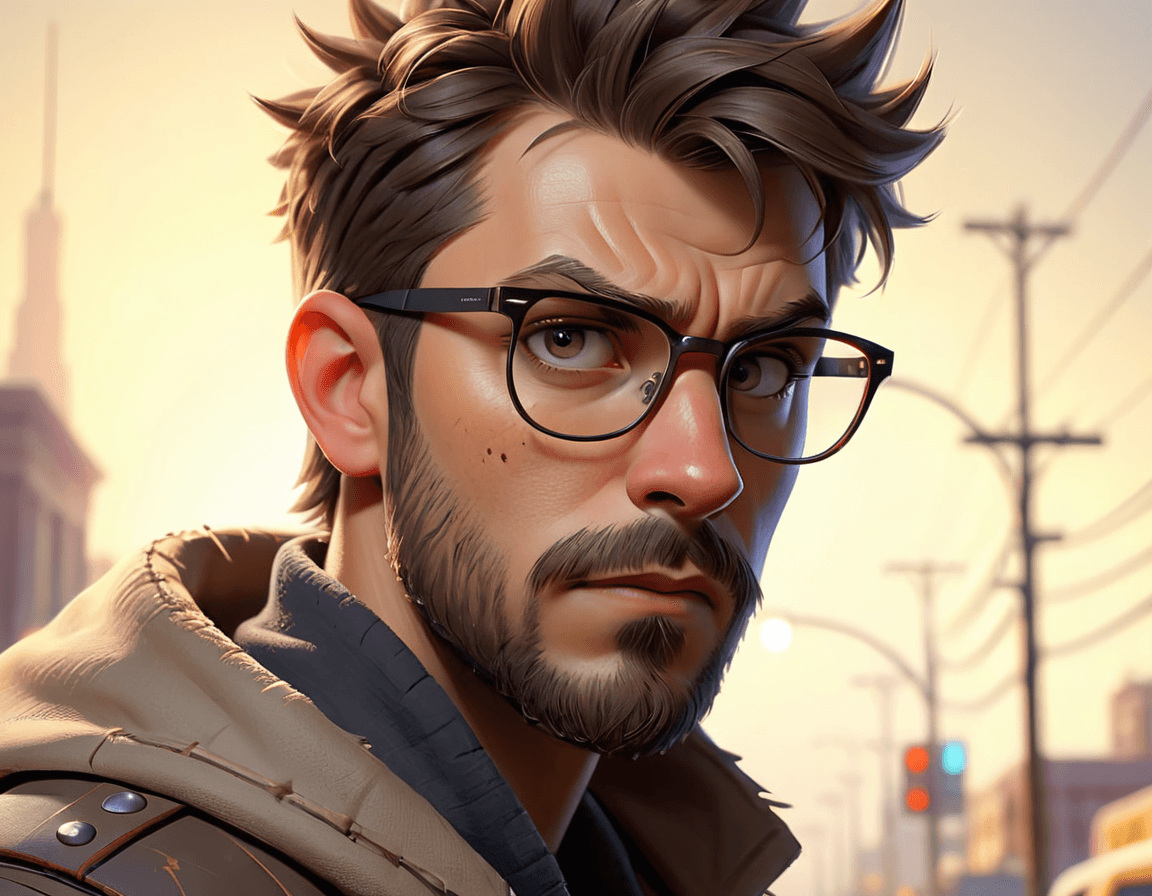 AI generated: solo, looking at viewer, short hair, 1boy, male focus, glasses, facial hair, frown, scar, spiked hai...