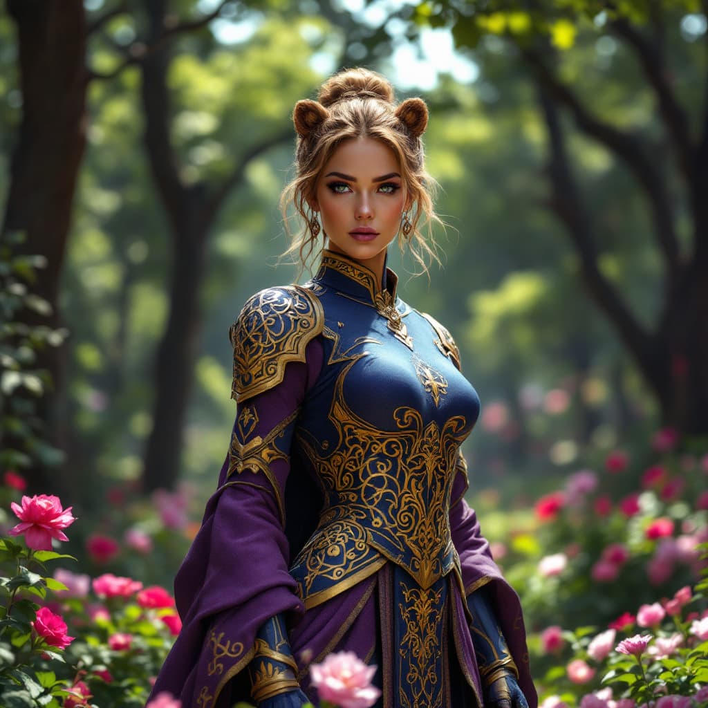 AI generated: A regal warrior woman, inspired by the mythical Bear Knight, stands proudly in the heart of a lush, ...