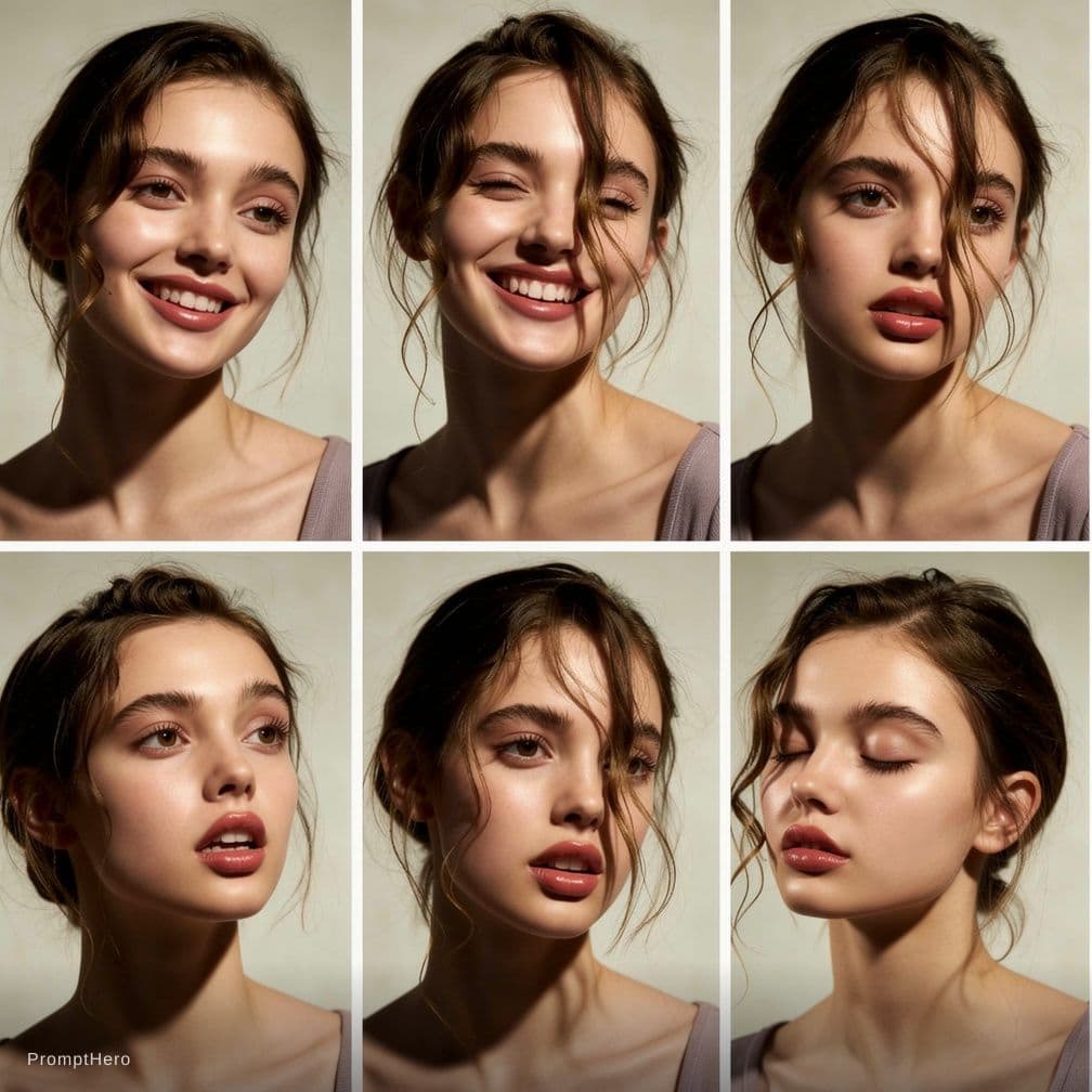 AI generated: Create consistent face but different facial expressions, sensual, gorgeous brunette, beautiful, sexy...