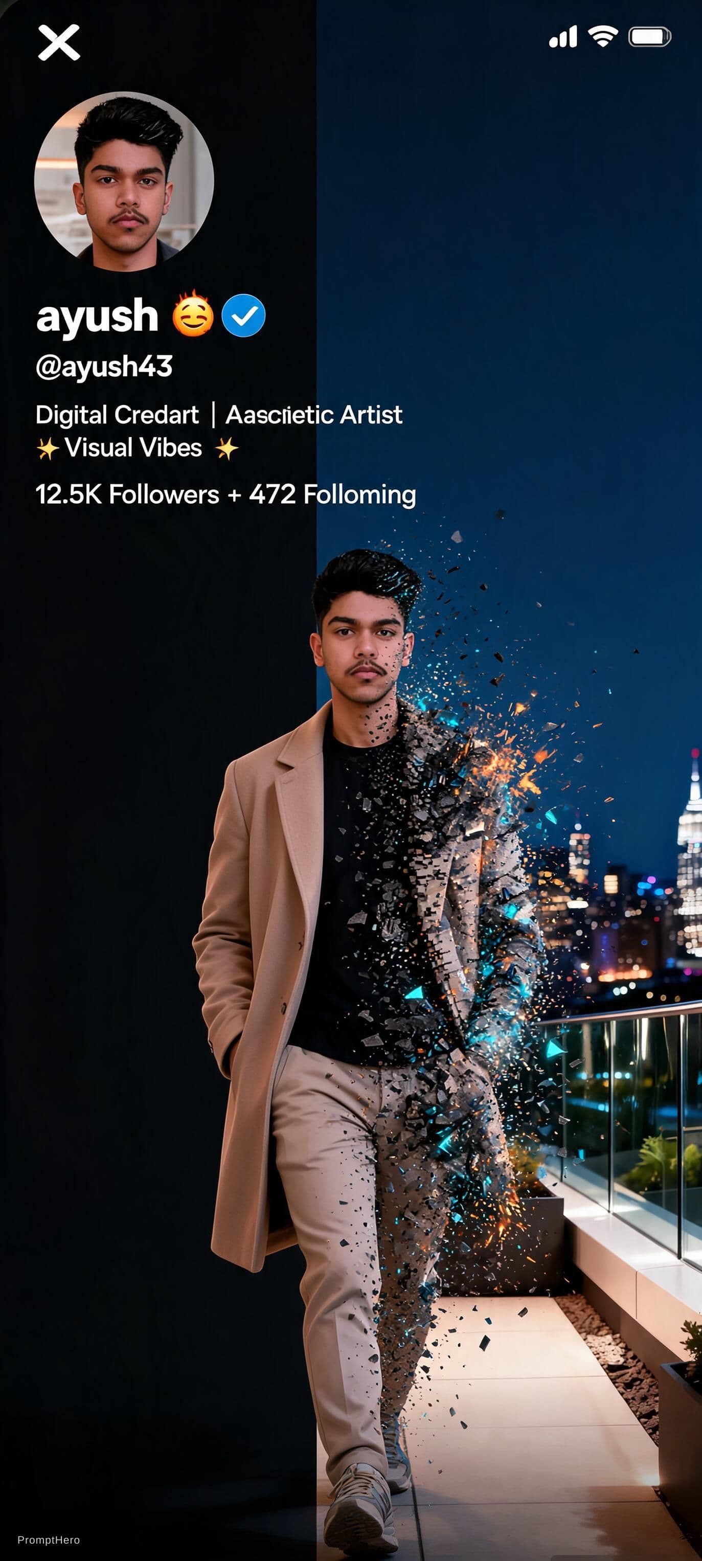 AI generated: A cinematic digital artwork of a stylish animated boy walking out of a modern X (Twitter) profile in...