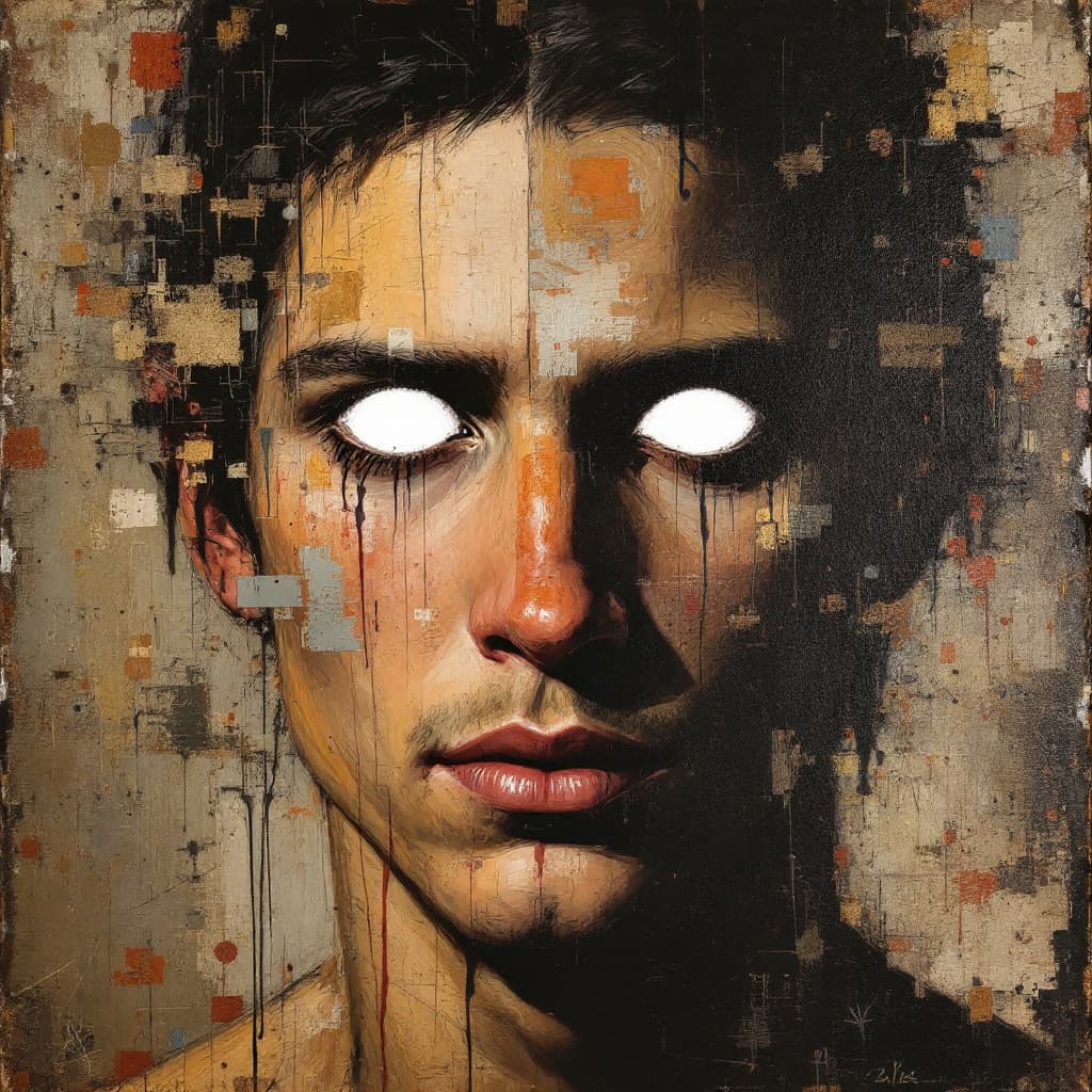 AI generated: artistic, oil painting, portrait of caracol, empty eyes, gaze, grainy touch, style inpired by Diego ...