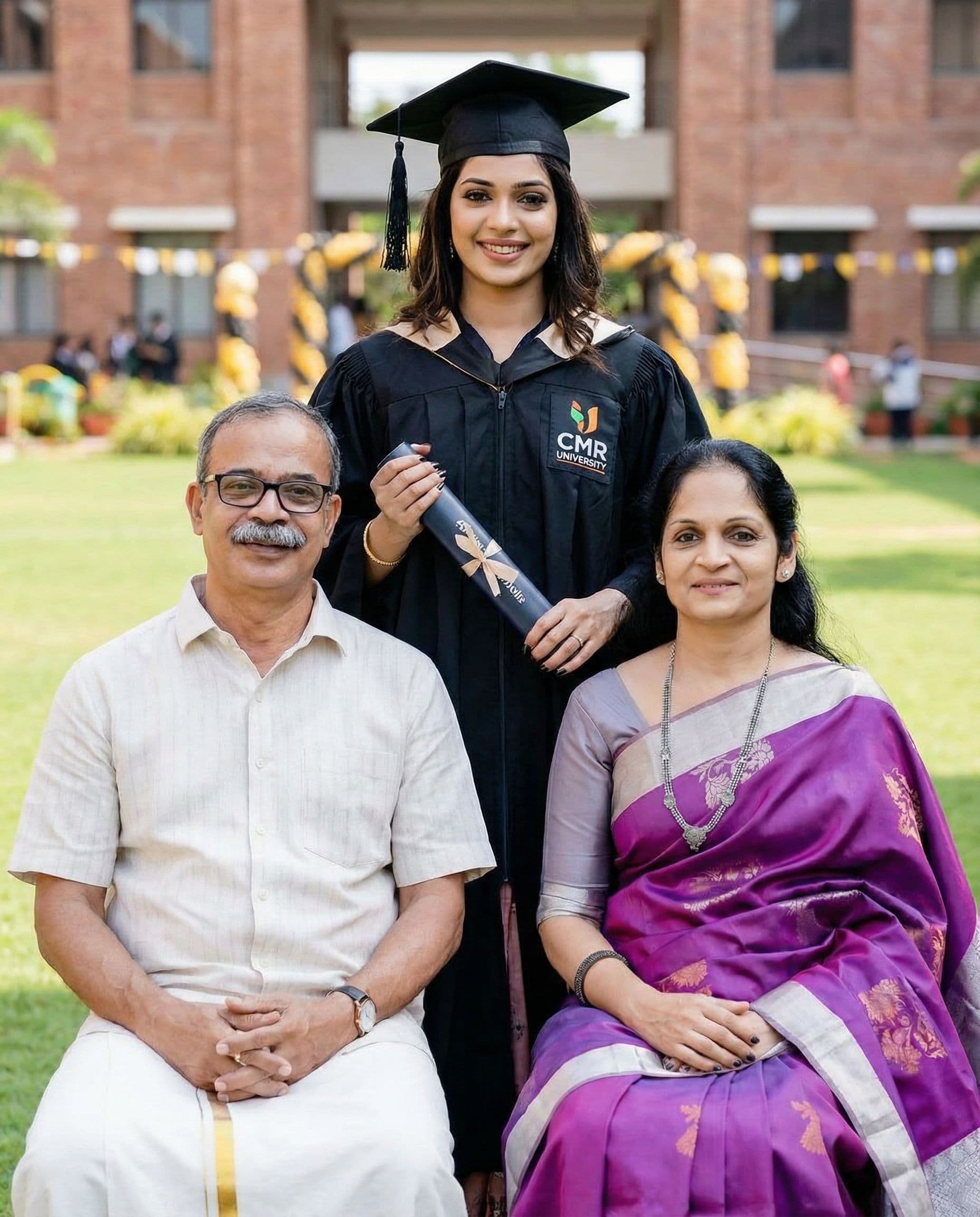 AI generated: Convert the picture into a daughter's graduation day wearing hat and coat and holding something file...