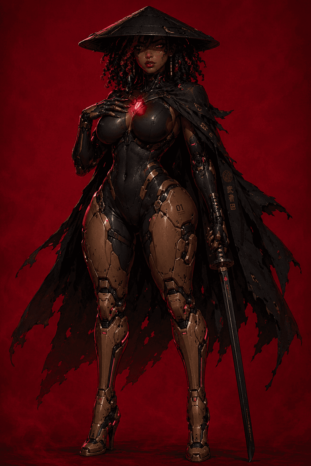 AI generated: Full-body front-facing cybernetic warrior in a commanding stance, wearing a wide-brimmed black conic...