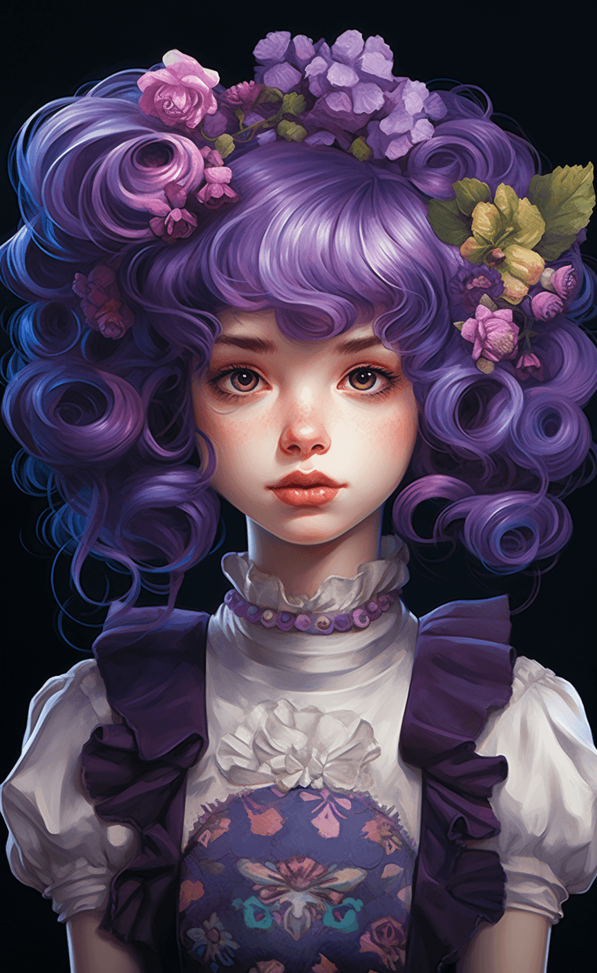 AI generated: A cute cartoon girl in a purple wig and hair, in the style of chie yoshii, elaborate costumes, tinyc...