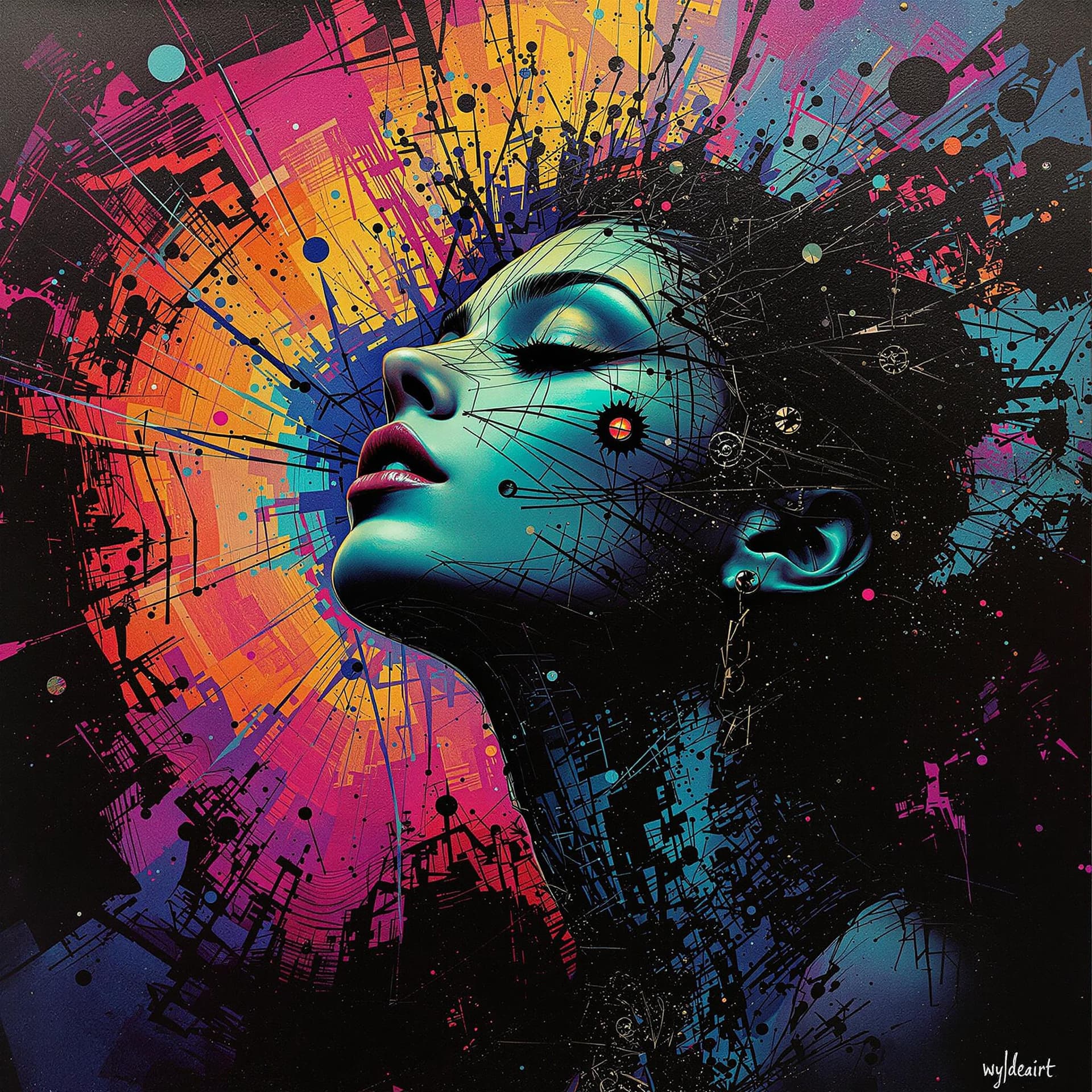 AI generated: Style: vintage art noir scratched film,  classic oil painting in the style of bold vibrant neon abst...