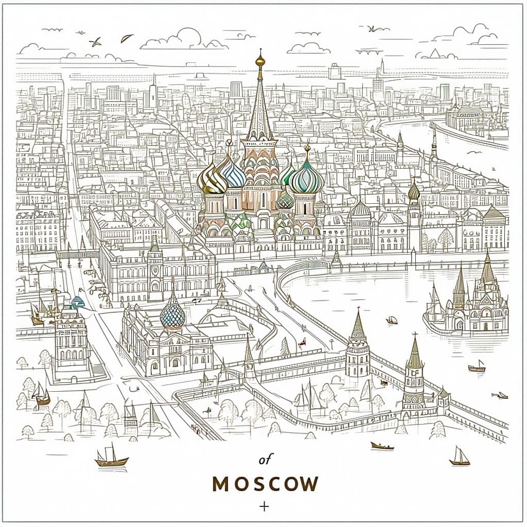AI generated: a map of moscow on a white background, moscow, travel guide, drawing for children, squere format, , ...