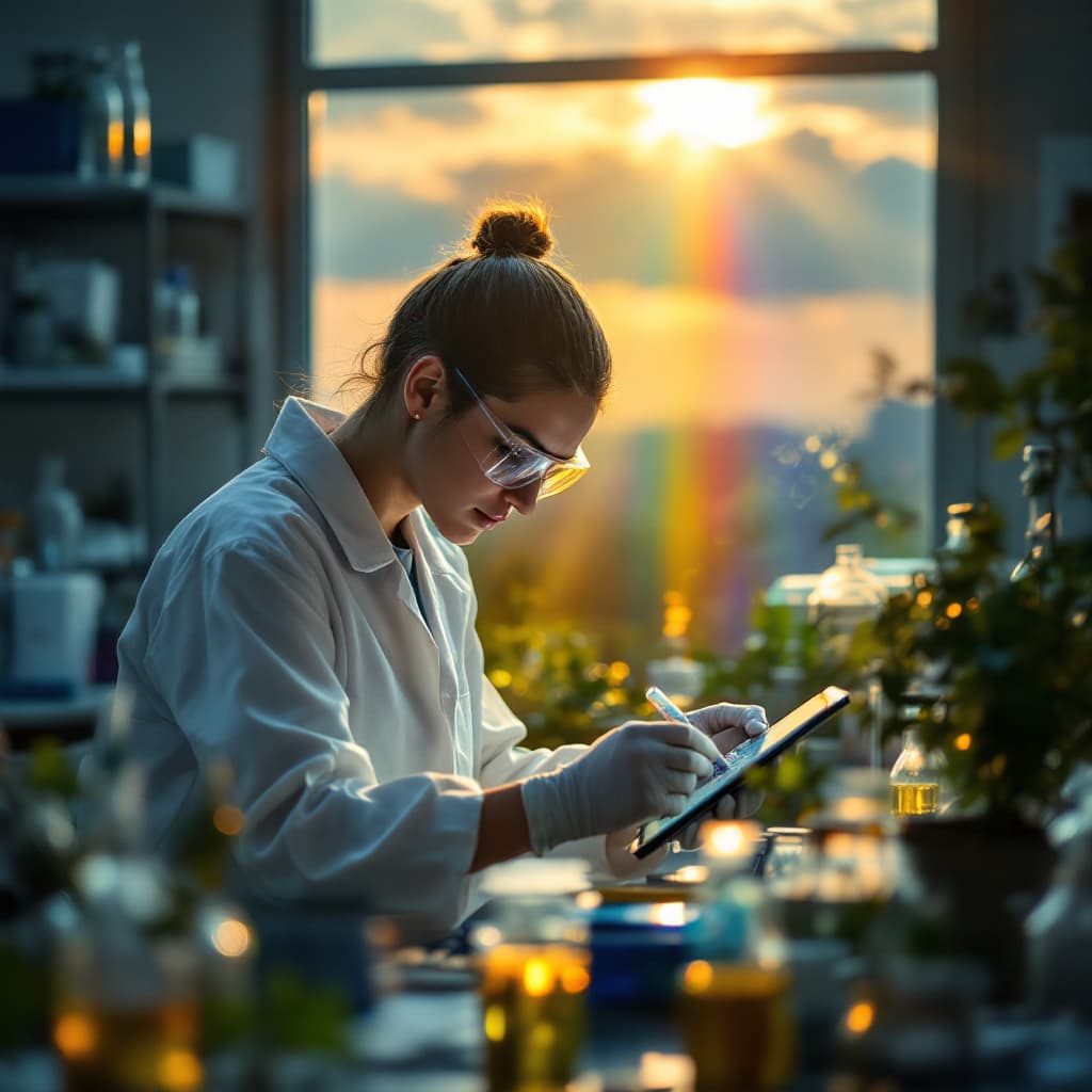 AI generated: genarate a landscape of a person in the lab carrying out lab work with a ray of rainbow hitting on t...