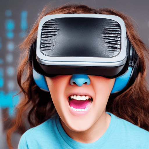 AI generated: joyful boy anime character taking off Virtual Reality headset with very long brown hair with cyan ba...