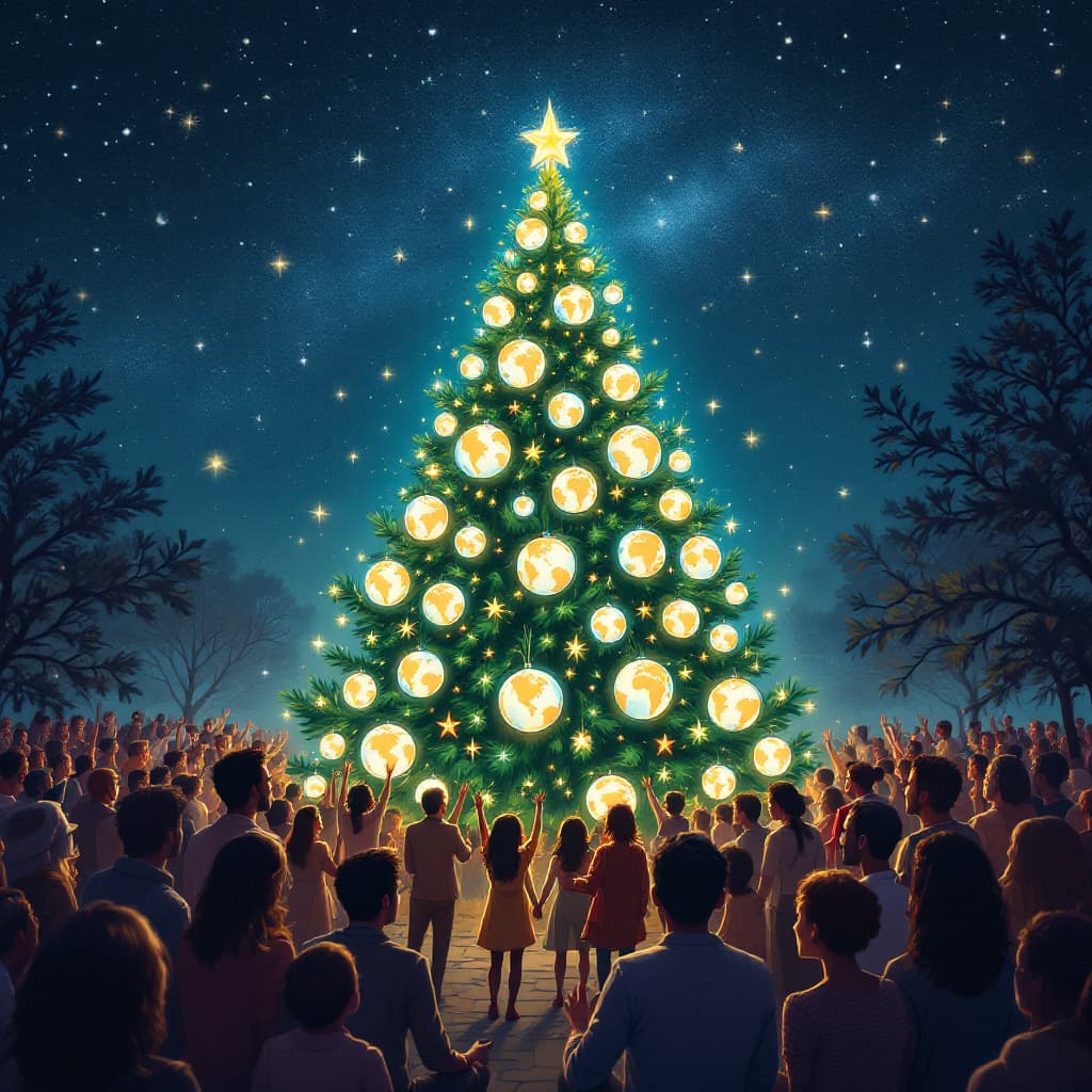 AI generated: A serene Christmas scene at night under a starry sky. A beautifully decorated Christmas tree stands ...