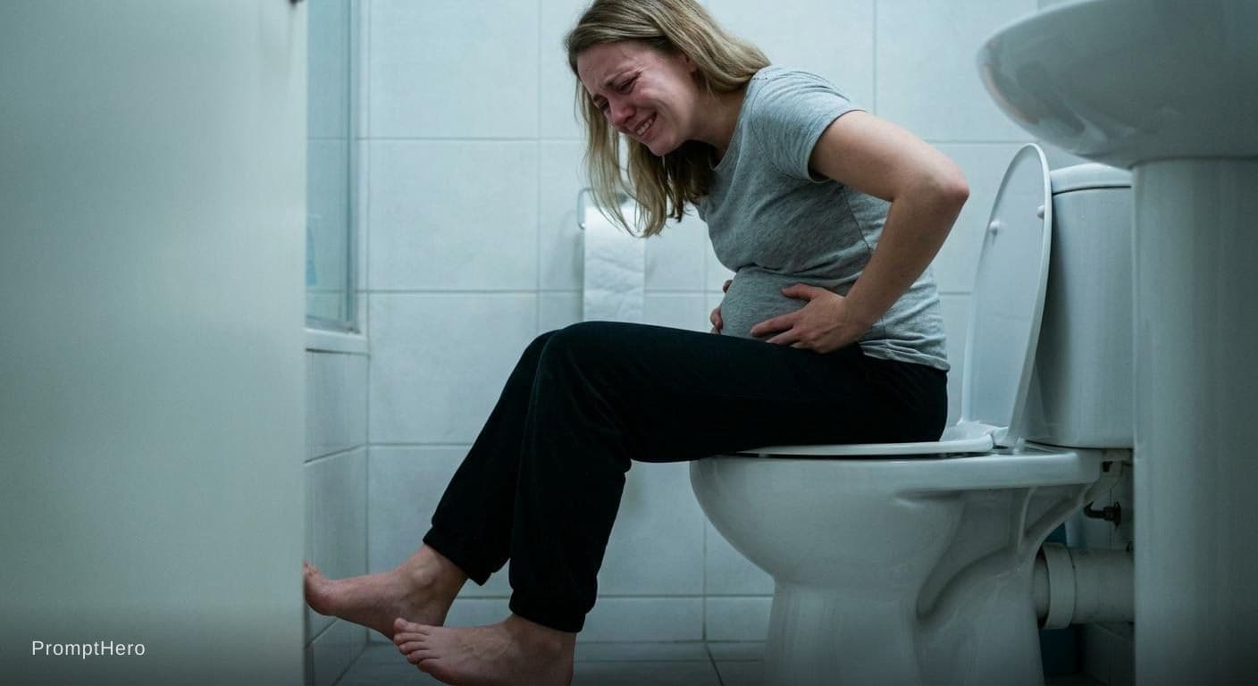 AI generated: bathroom, alone, needs to pee very badly, full bladder that is distended, trying to force a smile to...