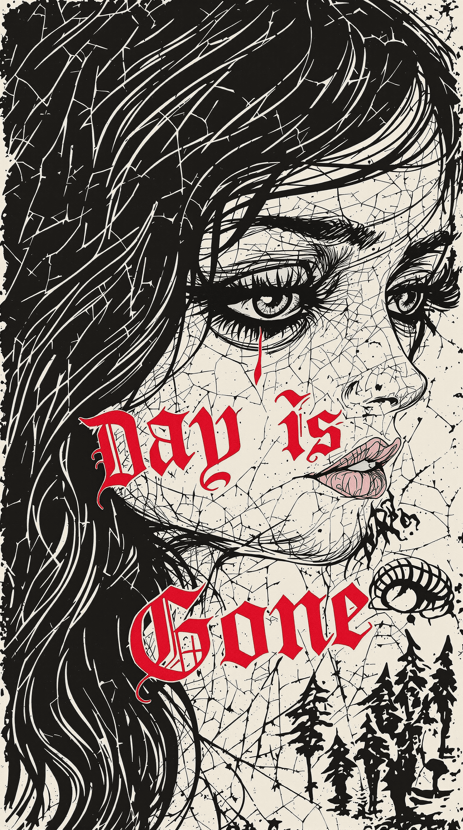 AI generated: A high-contrast, tricolor linocut-style T-shirt design featuring a sorrowful woman’s face in black, ...