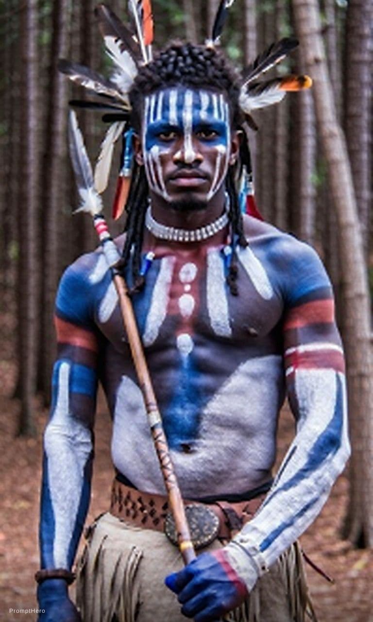 AI generated: A fierce 20-year-old indigenous tribal warrior, adorned in tribal paint and carrying a traditional w...