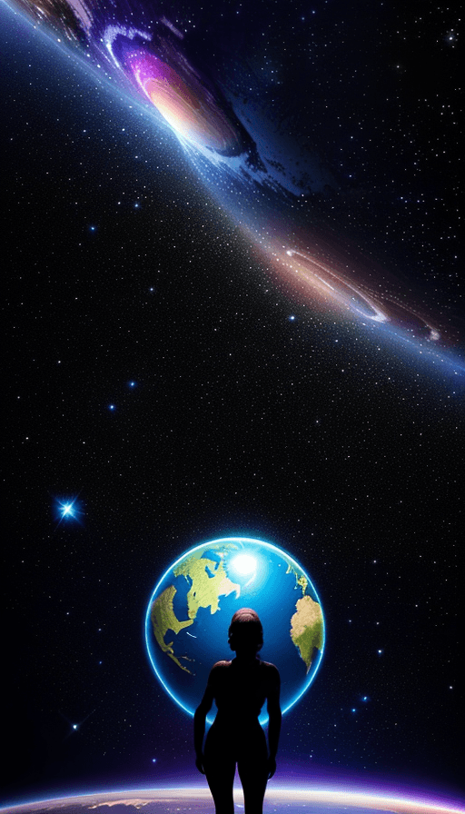 AI generated: the person is glowing, the planet and the cosmos are on the background, everything is shining
