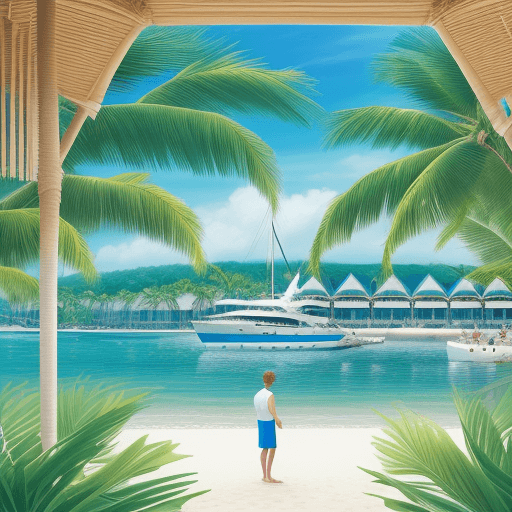 AI generated: A vibrant, isolated vector illustration of a pleasure boat, seascape, and beach resort. The boat has...
