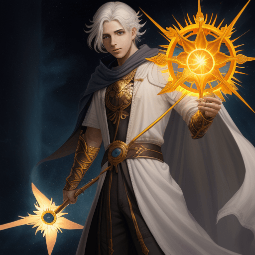 AI generated: Male aasimar sorcerer with a sun staff