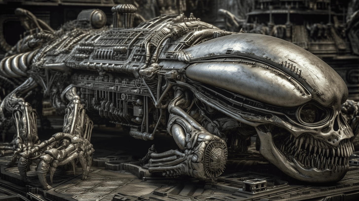 AI generated: H. R. Giger biomorph architectures, alien spaceship interiors with Giger xenomorphs and biomorphs an...