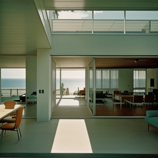 AI generated: Hyper realistic eye level exterior photo of a mid century modern style house overlooking the ocean, ...