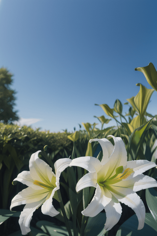 AI generated: a garden of starlight lillies, blue sky, detailed, photo-realistic <lora:FilmVelvia3:0.4>