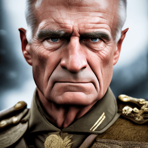 AI generated:  photograph close up portrait 62-year-old tough decorated general, CLEAN SHAVEN, serious, stoic cine...