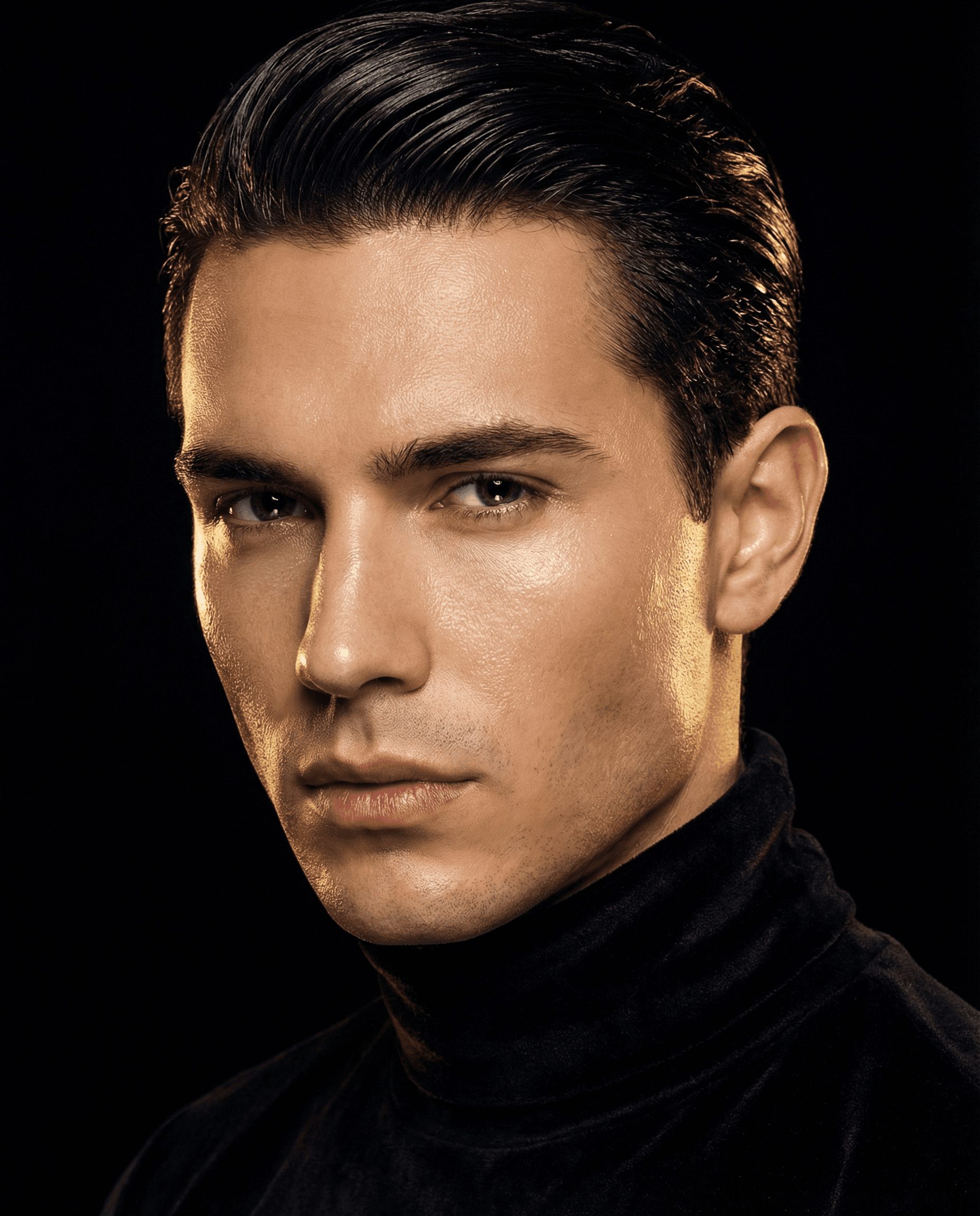 AI generated: ultra-luxury male pop singer close-up portrait, razor-sharp jawline, flawless glass-skin with subtle...