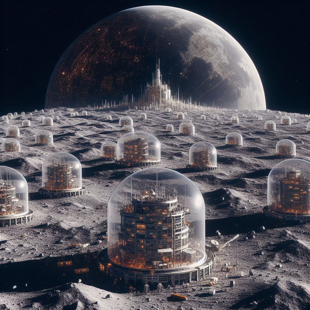 AI generated: A wide-angle view of a settlement on the Moon with buildings under a transparent dome, retro Sci-fi,...