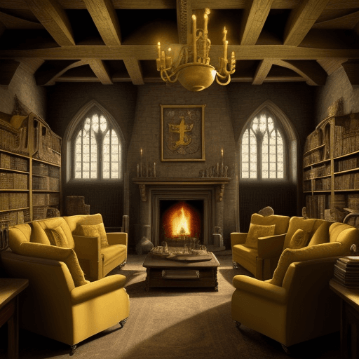AI generated: hogwarts Common room, fireplace, in yellow tone, warm, comfortable, castles, wizards, 