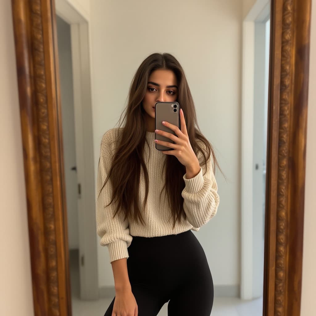 AI generated: alia bhatt the girl takes a photo with her phone of herself in the mirror, she has 24 years old, has...