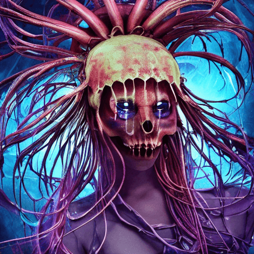 AI generated: goddess close-up portrait ribcagel. jellyfish phoenix head, nautilus, orchid, skull, betta an evil g...