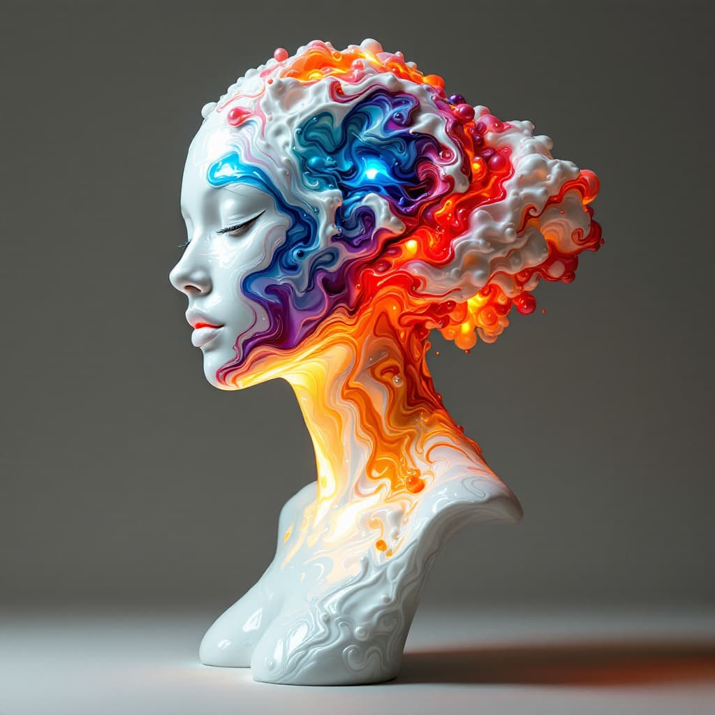 AI generated: A captivating, high-contrast, vibrant, and glowing sculptural body from chest up, presented in a fla...