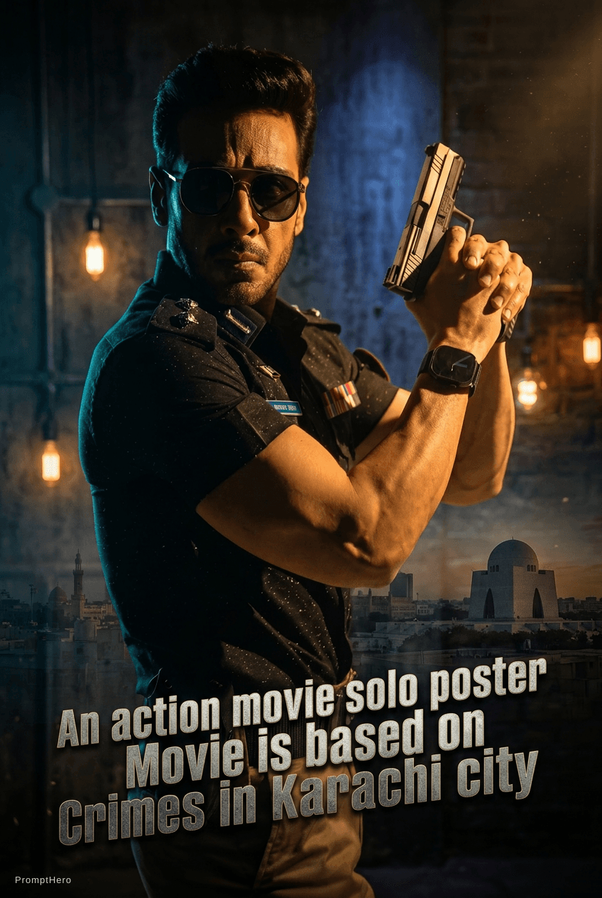 AI generated: An action movie solo poster - Movie is based on Crimes in Karachi city - Pakistan
