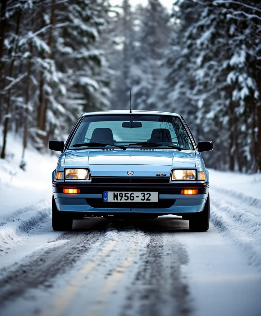 AI generated: front 3/4 angle shot of year 1989 light blue mazda 323 hatch back in winter road