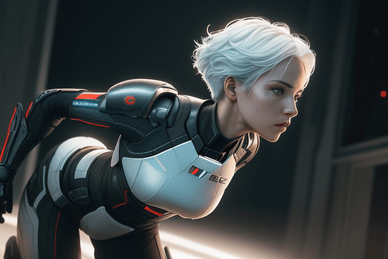 AI generated: (1girl, full body), (sci-fi action scene), Beautiful,(wearing Mass Effect armor), (white hair), (sma...
