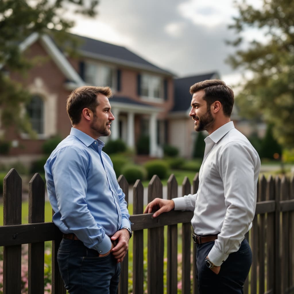 AI generated: Two male neighbors - 45-50 years old,  dressed in business casual clothing, upscale suburban neighbo...