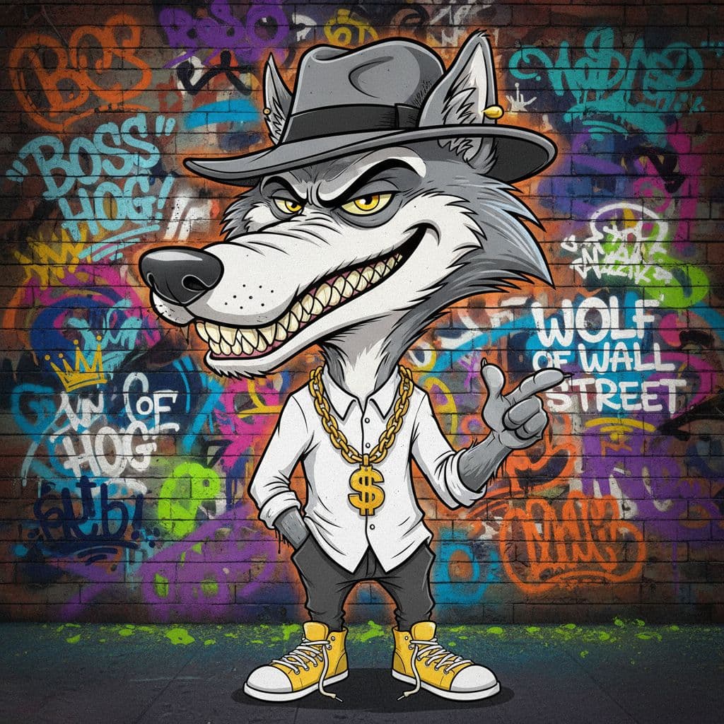 AI generated: funny caricature, gangster wolf character caricature, elderly european male, 67 years old, slick fur...