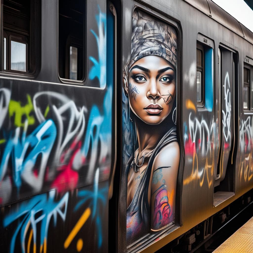AI generated: Amidst the bustling city, a serene train stop unveils a stunning graffiti woman adorning the side of...