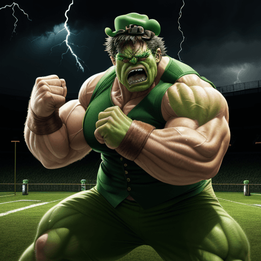 AI generated: An angry Incredible Hulk in the Fighting Irish mascot stance in leprechaun hat and vest, scowling, m...